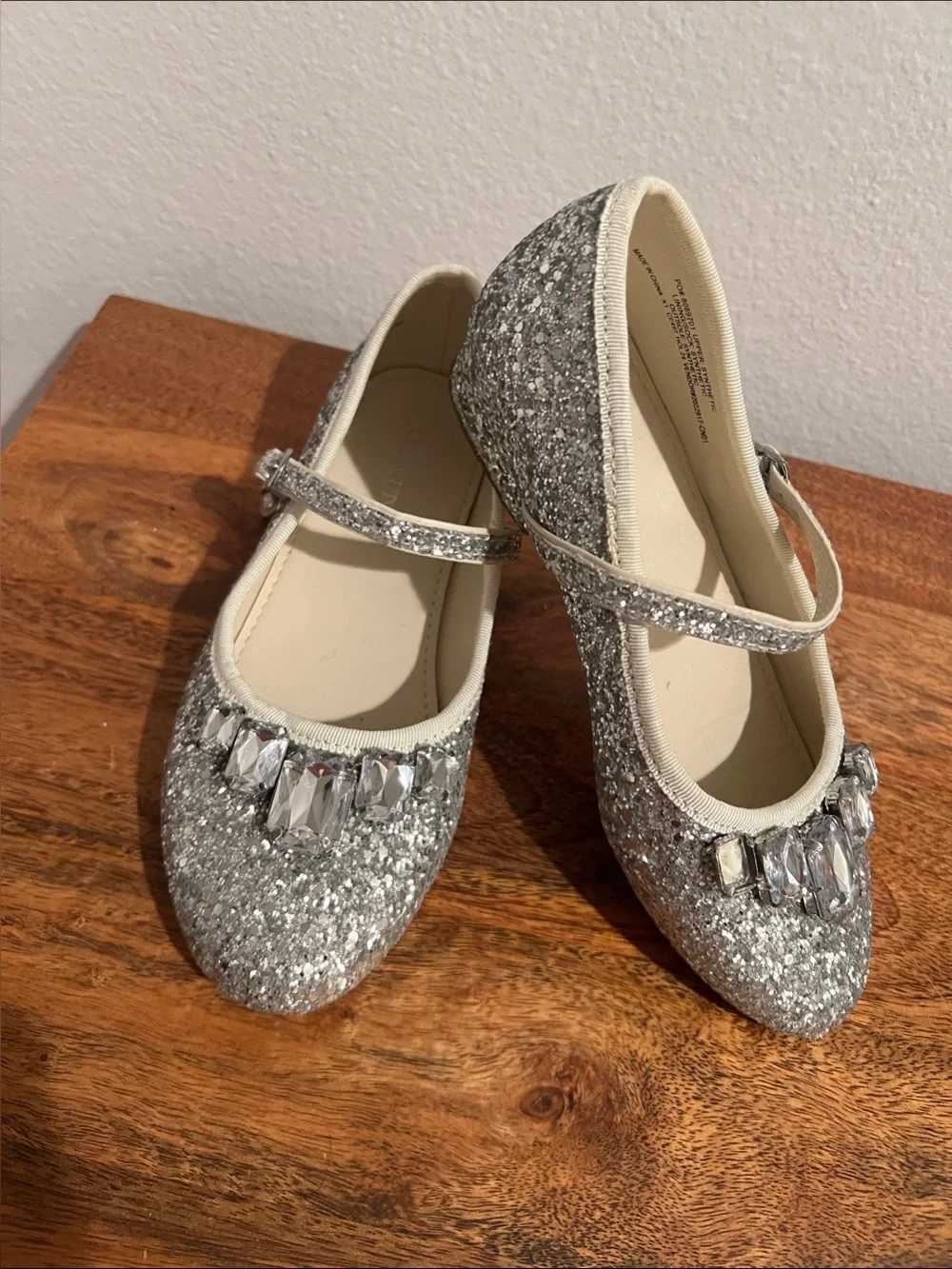 Crewcuts Silver Glitter Mary Jane Flats with Jewel Accents